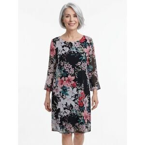 Coldwater Creek Black Floral 3/4 Bell Sleeve Lined Sheath Midi Dress Size 6